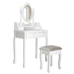 Vanity Table Set with Oval Mirror and 4 Drawers and Cushioned Stool