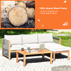 3 Pieces Patio Acacia Wood Sofa Furniture Set with Nylon Rope Armrest