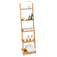 5-Tier Modern Bamboo Wall-Leaning Display Ladder Bookshelf
