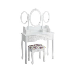 Vanity Set with Tri-Folding Mirror and Cushioned Stool