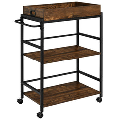 3-Tier Kitchen Serving Bar Cart with Lockable Casters and Handle Rack for Home Pub