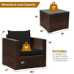 3 Pieces Patio Conversation Rattan Furniture Set with Cushion