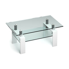 2-Tier Rectangle Glass Coffee Table with Storage Shelf for Living Room
