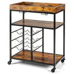 3-Tier Wood Rolling Kitchen Serving Cart with 9 Wine Bottles Rack Metal Frame