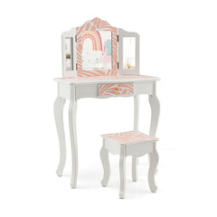 2-in-1 Kids Vanity Table Set with Tri-folding Mirror