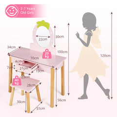 2-in-1 Children Vanity Table Stool Set with Mirror