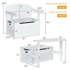 3-in-1 Kids Convertible Storage Bench Wood Activity Table and Chair Set