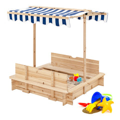 Kids Wooden Sandbox with Height-Adjustable Canopy and Bench Seats