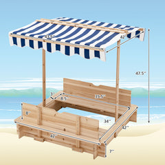 Kids Wooden Sandbox with Height-Adjustable Canopy and Bench Seats