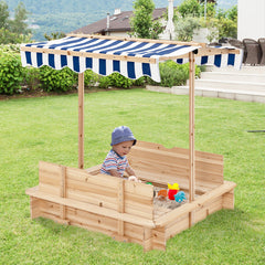 Kids Wooden Sandbox with Height-Adjustable Canopy and Bench Seats