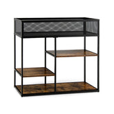 4-Tier Industrial Console Table with Wire Basket and shelf In Rustic Brown