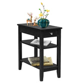 Side End Table with Drawer and 2-Tier Open Storage Shelves for Space Saving