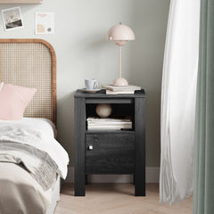 Compact Floor Farmhouse Nightstand with Open Shelf and Cabinet