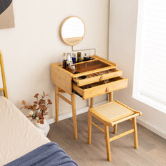 Bamboo Vanity Stool with Rattan Top and Reinforcement Bar