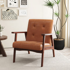 Mid Century Accent Chair with Solid Rubber Wood Frame and Leather Cover