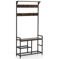 71 Inch Freestanding Hall Tree with Shoe Bench and 9 Removable Hooks In Rustic Brown