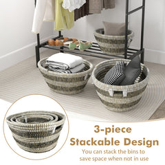 Natural Canes Grass Baskets Stackable Storage Bins Set of 3 with Hollowed Handles