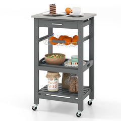 Kitchen Rolling Island Cart with Stainless Steel Tabletop and Basket