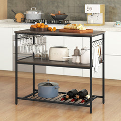 Kitchen Island with 3 Shelves Wine Glass Holders and 10 Hooks