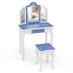 Princess Pretend Play Makeup Table and Stool Set with Tri-folding Mirror