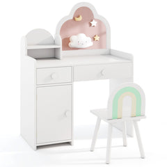 Kids Vanity Table and Chair Set with Cloud-shaped Mirror and Open Shelf