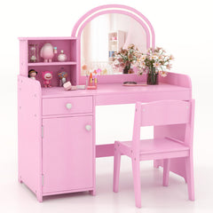 Kids Vanity Table and Chair Set with Shelves Drawer and Cabinet