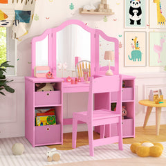 Kids Vanity Table and Chair Set with Removable Mirrors and 4 Storage Bins