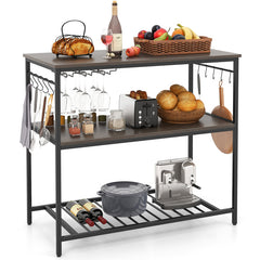 Kitchen Island with 3 Shelves Wine Glass Holders and 10 Hooks