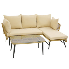3 Pieces L-Shaped Patio Sofa with Cushions and Tempered Glass Table
