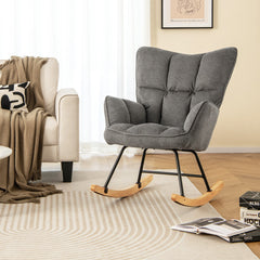 Linen Nursery Rocking Chair with High Backrest and Padded Armrests