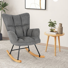 Linen Nursery Rocking Chair with High Backrest and Padded Armrests