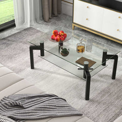 2-Tier Rectangular Glass Coffee Table with Metal Tube Legs