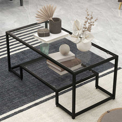 Modern 2-Tier Rectangular Coffee Table with Glass Table Top