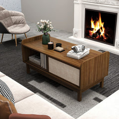 Mid-Century Center Table with Storage and Weaving Sliding Door & Adjustable Shelf