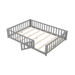 Montessori Bed Frame with Full-length Guardrails Safety Door and Latch