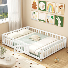 Montessori Bed Frame with Full-length Guardrails Safety Door and Latch