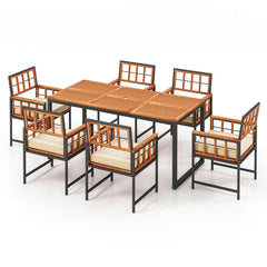 7 Pieces Patio Acacia Wood Dining Set with Soft Cushions and Umbrella Hole