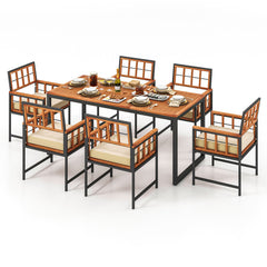 7 Pieces Patio Acacia Wood Dining Set with Soft Cushions and Umbrella Hole