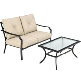 2 Pieces Patio Outdoor Cushioned Sofa Bench with Coffee Table