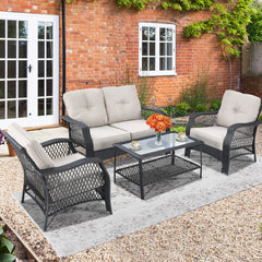 4 Pieces Patio Wicker Furniture Set with Coffee Table and Cushions