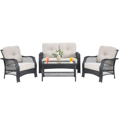 4 Pieces Patio Wicker Furniture Set with Coffee Table and Cushions