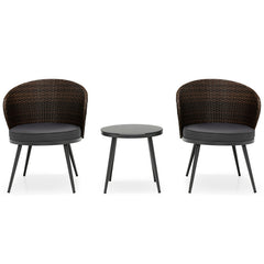 3 Pieces Patio Rattan Bistro Set with 2 Seat Cushions and Tempered Glass Tabletop