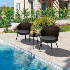 3 Pieces Patio Rattan Bistro Set with 2 Seat Cushions and Tempered Glass Tabletop