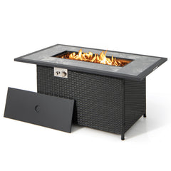 52 Inch Rattan Wicker Propane Fire Pit Table with Rain Cover and Lava Rock