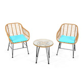 3 Pieces Rattan Furniture Set with Cushioned Chair Table