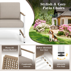 2 Packs Patio Aluminum Sofa with Wicker Backrest and Armrests