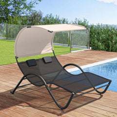 Outdoor Double Chaise Lounge Chair with Sunshade Canopy and Headrest Pillows