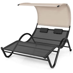 Outdoor Double Chaise Lounge Chair with Sunshade Canopy and Headrest Pillows