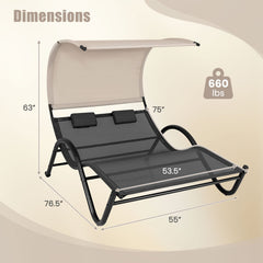 Outdoor Double Chaise Lounge Chair with Sunshade Canopy and Headrest Pillows