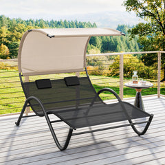 Outdoor Double Chaise Lounge Chair with Sunshade Canopy and Headrest Pillows